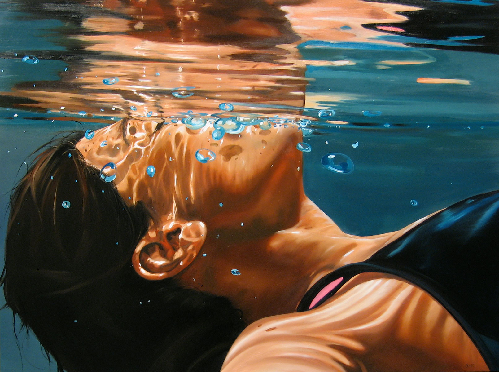 Бутылка наполненная водой тонет в воде. Реалистическая живопись Eric Zener.